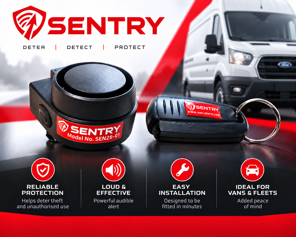 Sentry vehicle security alarm device and key fob shown on a red-and-black promotional background with a white van in the upper right. The main product appears to be a black cylindrical alarm unit with a red Sentry label, alongside a matching black key fob with a key ring.