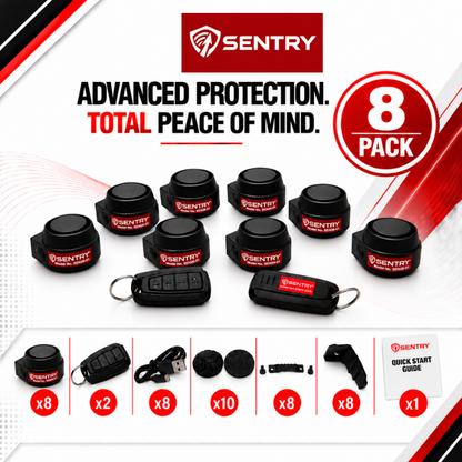 Sentry 8-pack van alarm security kit including eight black dome sensors, two key fob, remotes, a USB cable, mounting hardware, and a quick start guide, displayed on a white and red graphic background.