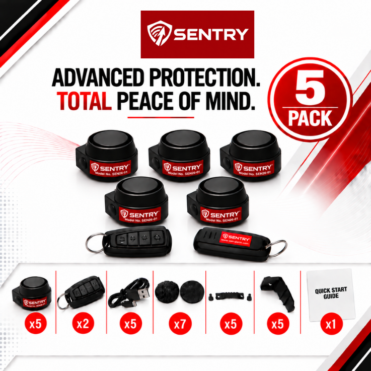 Sentry 5-pack van alarm security kit including five black dome sensors, two key fob, remotes, a USB cable, mounting hardware, and a quick start guide, displayed on a white and red graphic background.