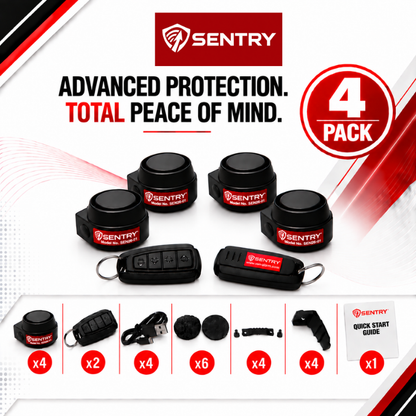 Sentry 4-pack van alarm security kit including four black dome sensors, two key fob, remotes, a USB cable, mounting hardware, and a quick start guide, displayed on a white and red graphic background.