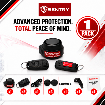 Sentry 1-pack van alarm security kit including one black dome sensors, two key fob, remotes, a USB cable, mounting hardware, and a quick start guide, displayed on a white and red graphic background.