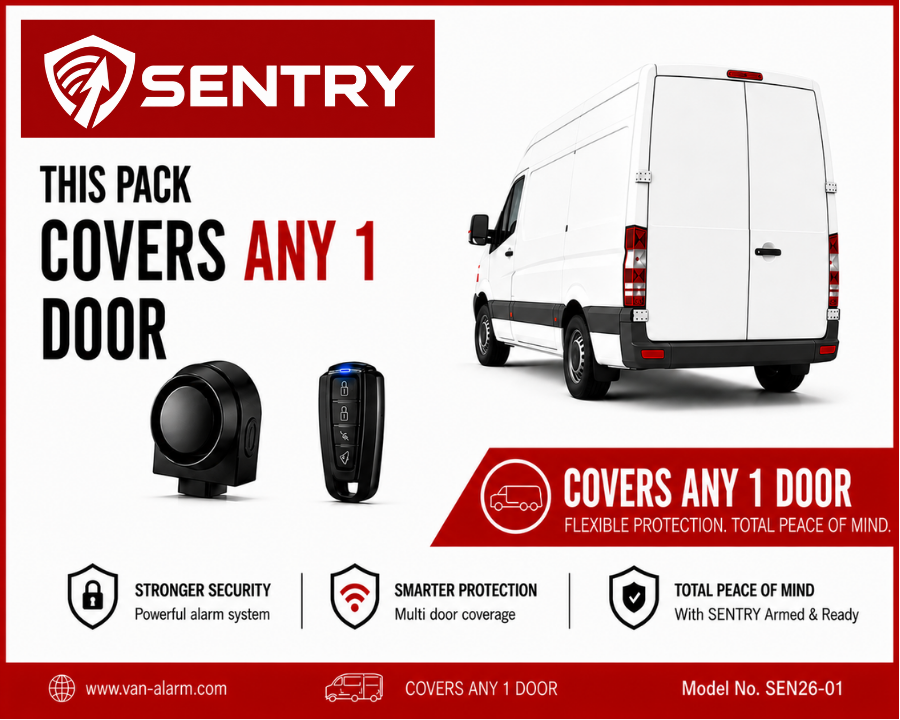 Sentry van alarm system graphic showing a white van, with one wireless black sentry alarm sirens that covers any 1 door for unlimited van security
