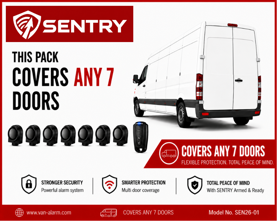 Sentry van alarm system graphic showing a white van, with seven wireless black sentry alarm sirens that covers any 7 doors for unlimited van security