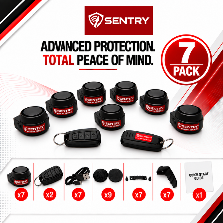 Sentry 7-pack van alarm security kit including seven black dome sensors, two key fob, remotes, a USB cable, mounting hardware, and a quick start guide, displayed on a white and red graphic background.