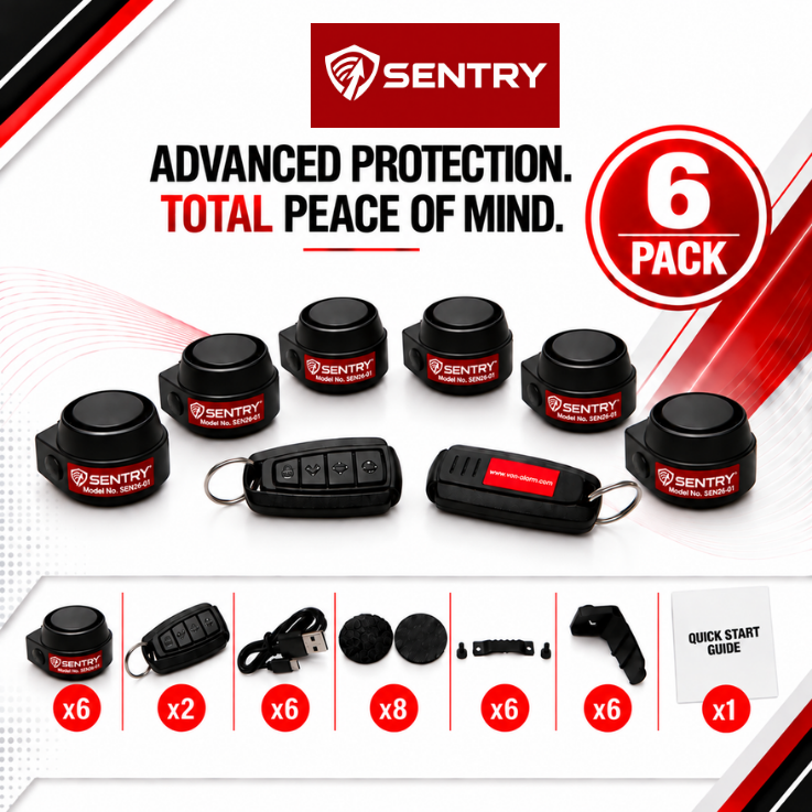 Sentry 6-pack van alarm security kit including six black dome sensors, two key fob, remotes, a USB cable, mounting hardware, and a quick start guide, displayed on a white and red graphic background.