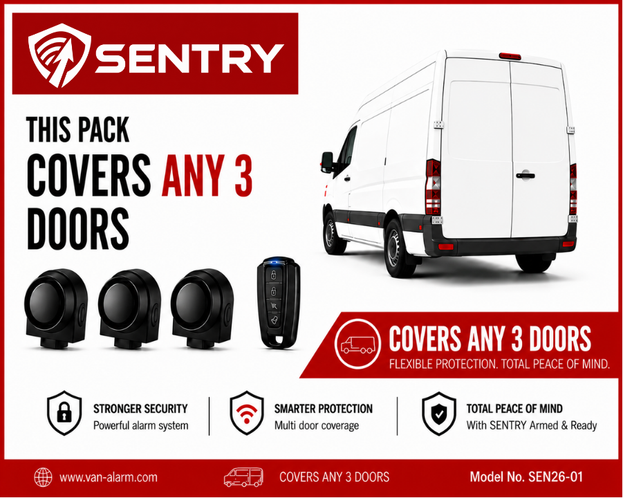 Sentry van alarm system graphic showing a white van, with three wireless black sentry alarm sirens that covers any 3 doors for unlimited van security