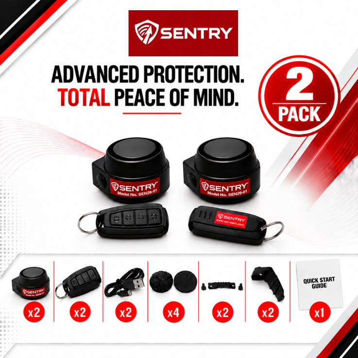 Sentry 2-pack van alarm security kit including two black dome sensors, two key fob, remotes, a USB cable, mounting hardware, and a quick start guide, displayed on a white and red graphic background.