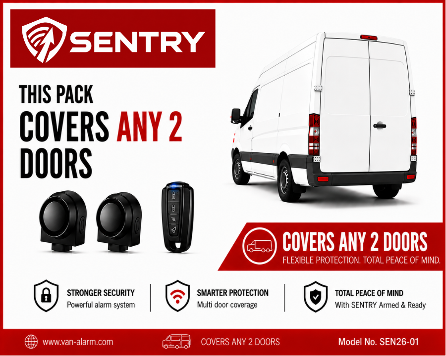 Sentry van alarm system graphic showing a white van, with two wireless black sentry alarm sirens that covers any 2 doors for unlimited van security